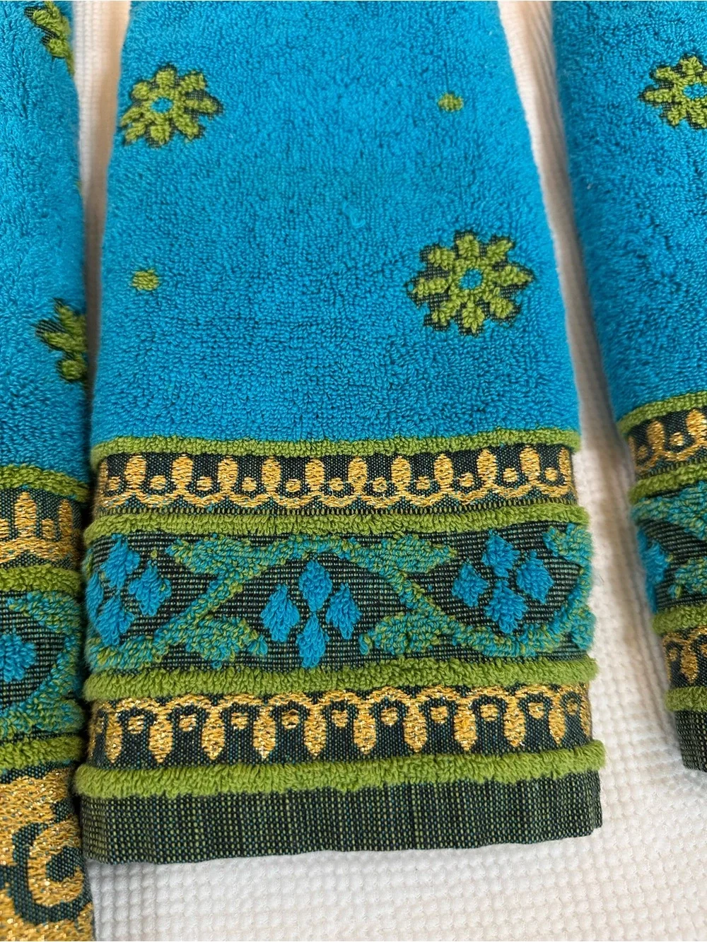 Vintage Callaway 3 pc bath towel hand towel set 60’s 70’s MCM blue green gold